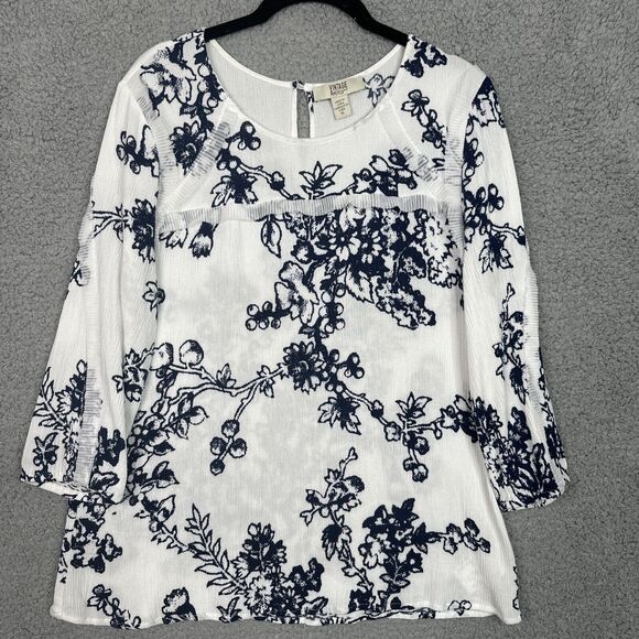 VTG  America Blues White Blue Floral Blouse XL Crinkle Texture Boho Tunic Top - Picture 3 of 12